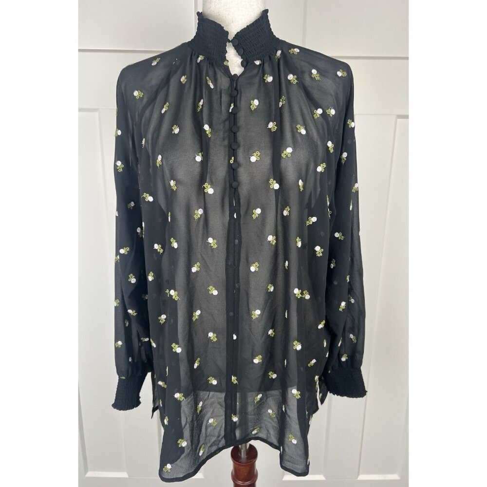 Cabi Alegria Blouse #5338 L Black Embroidered Sheer Smocked Neck Top